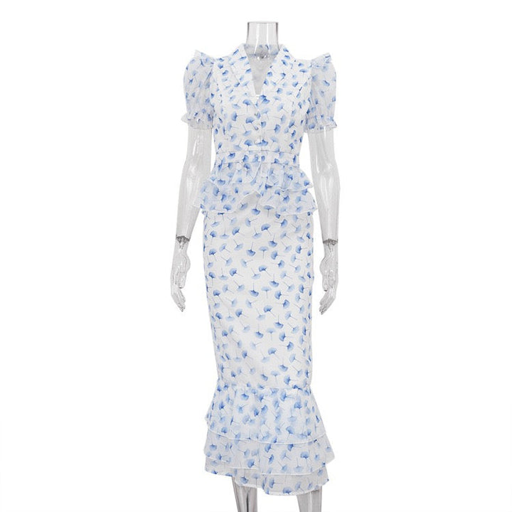 Two-piece floral chiffon set with maxi skirt and button-up top – GALIYA