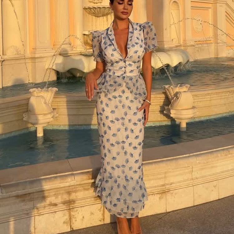 Two-piece floral chiffon set with maxi skirt and button-up top – GALIYA