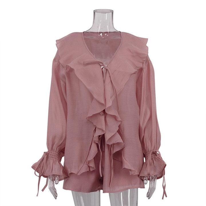 Two-piece chiffon suit with ruffled top and shorts – Lilinda