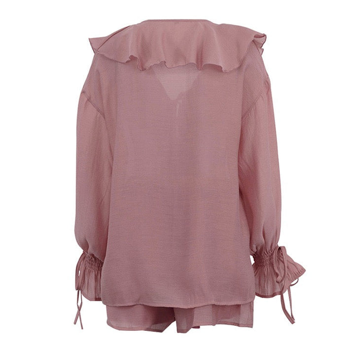 Two-piece chiffon suit with ruffled top and shorts – Lilinda