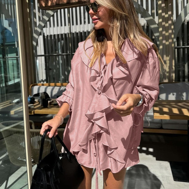 Two-piece chiffon suit with ruffled top and shorts – Lilinda