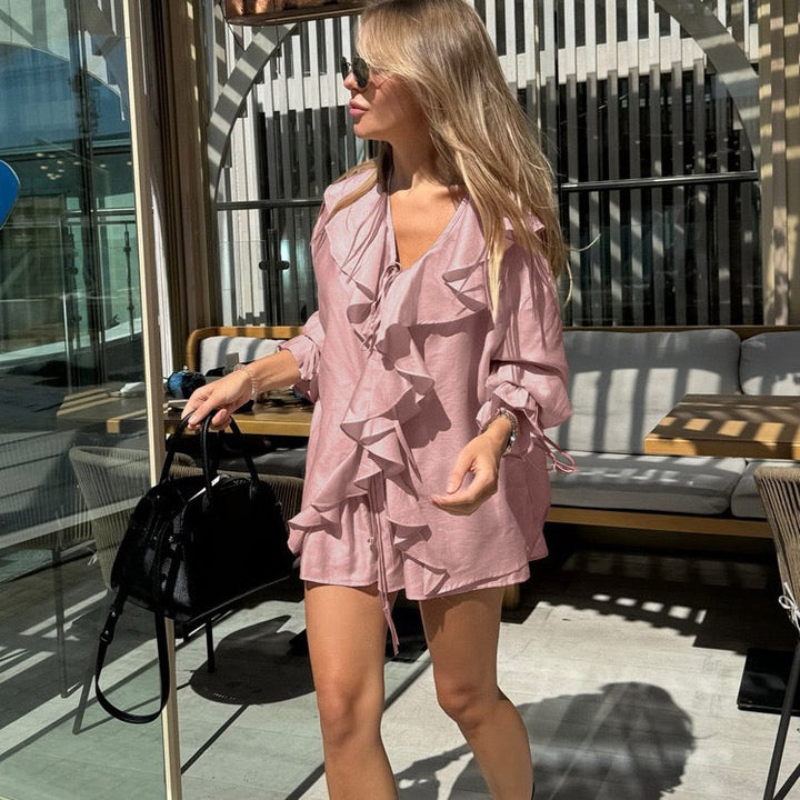 Two-piece chiffon suit with ruffled top and shorts – Lilinda