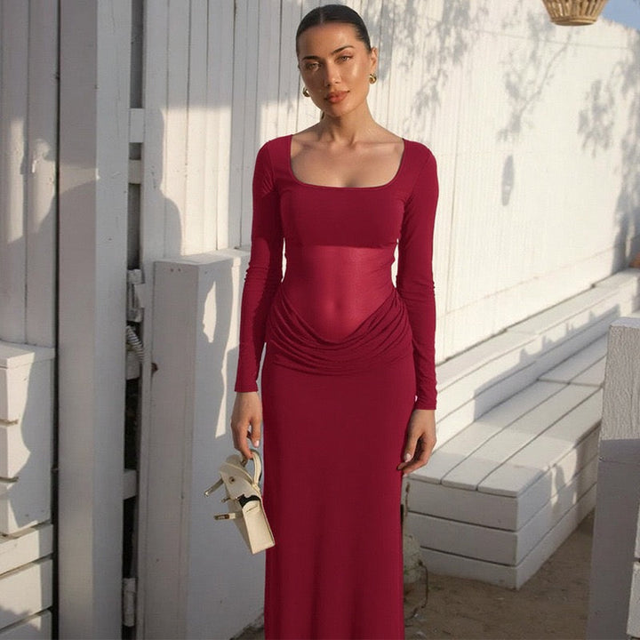 Maxi Dress with Mesh and Pleats Design - SUSANA
