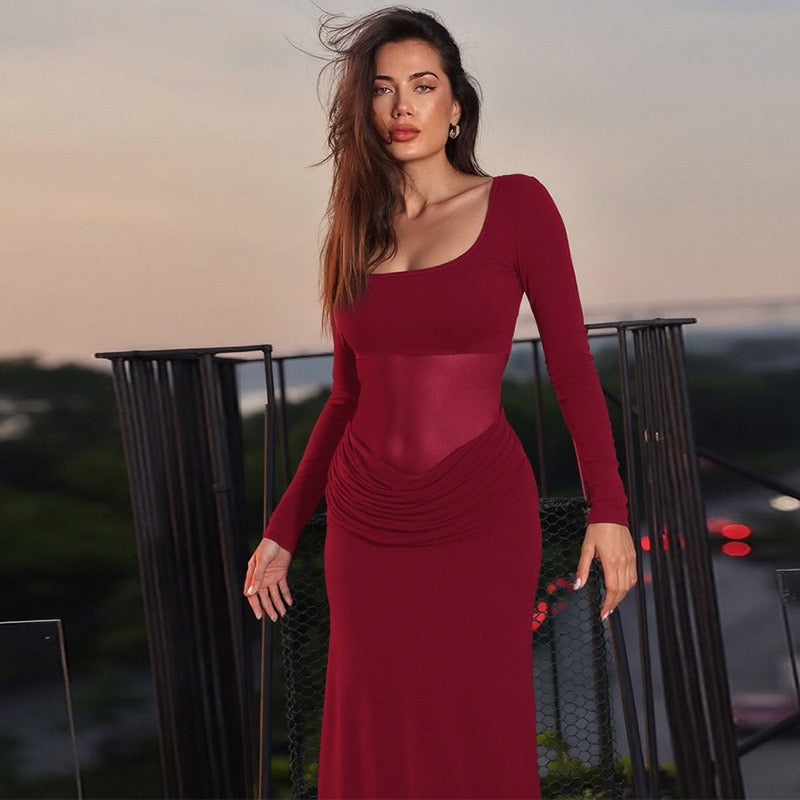 Maxi Dress with Mesh and Pleats Design - SUSANA