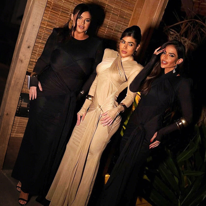 Maxi dress with ruched design and tie decoration - LILIAN