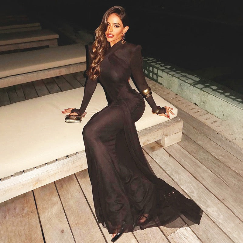 Maxi dress with ruched design and tie decoration - LILIAN