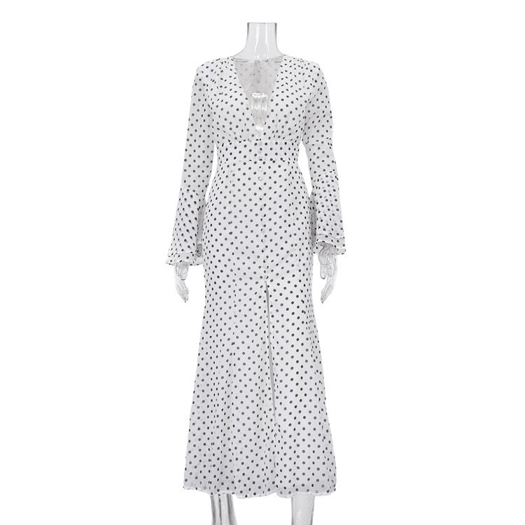 Polka-dot chiffon maxi dress with open-back design – Valentina