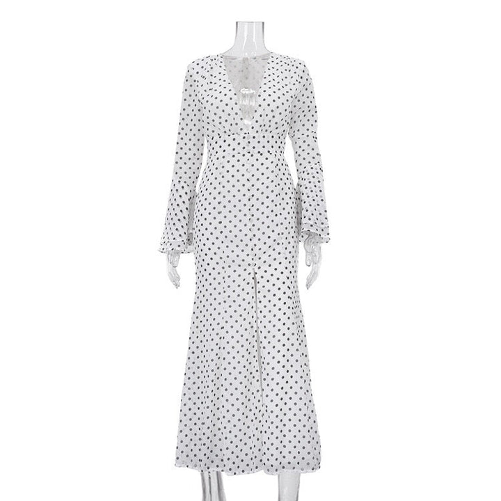 Polka-dot chiffon maxi dress with open-back design – Valentina