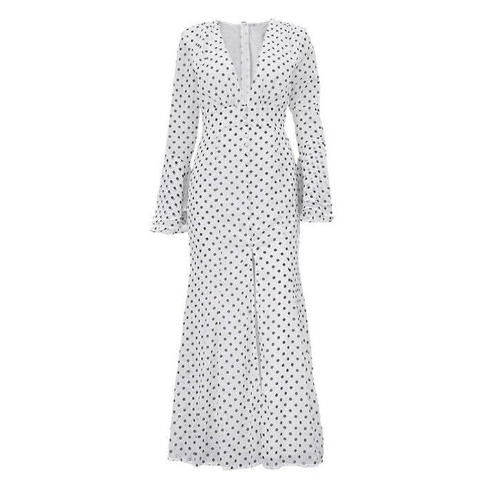 Polka-dot chiffon maxi dress with open-back design – Valentina