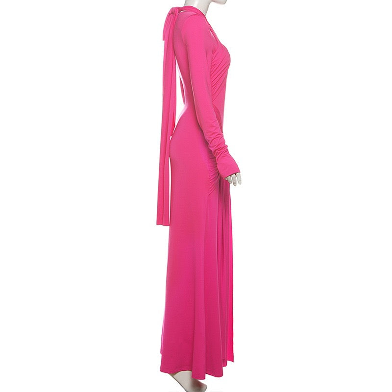Maxi dress with ruched design and tie decoration - LILIAN