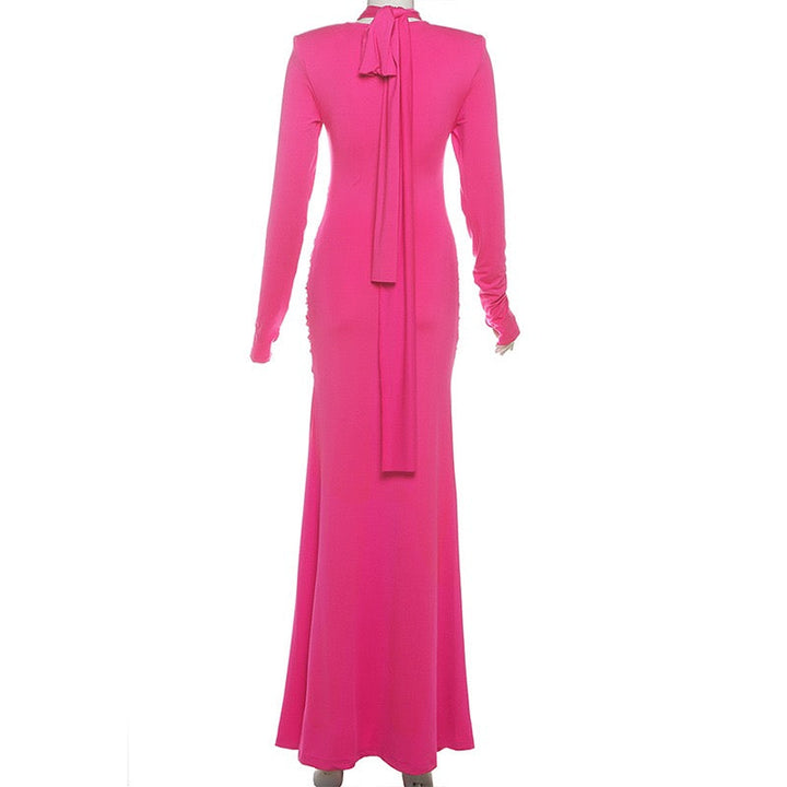 Maxi dress with ruched design and tie decoration - LILIAN
