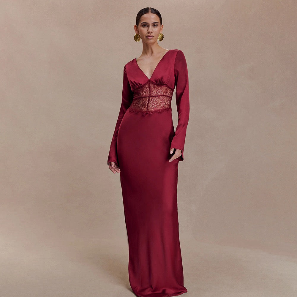 Satin maxi dress with lace design - Rita