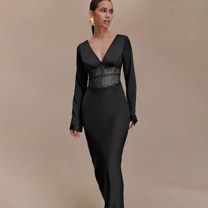 Satin maxi dress with lace design - Rita