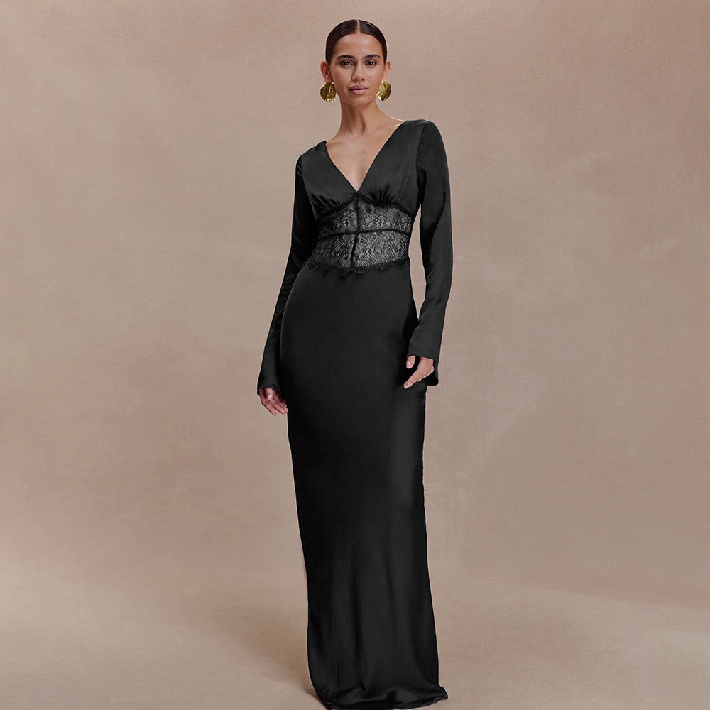 Satin maxi dress with lace design - Rita