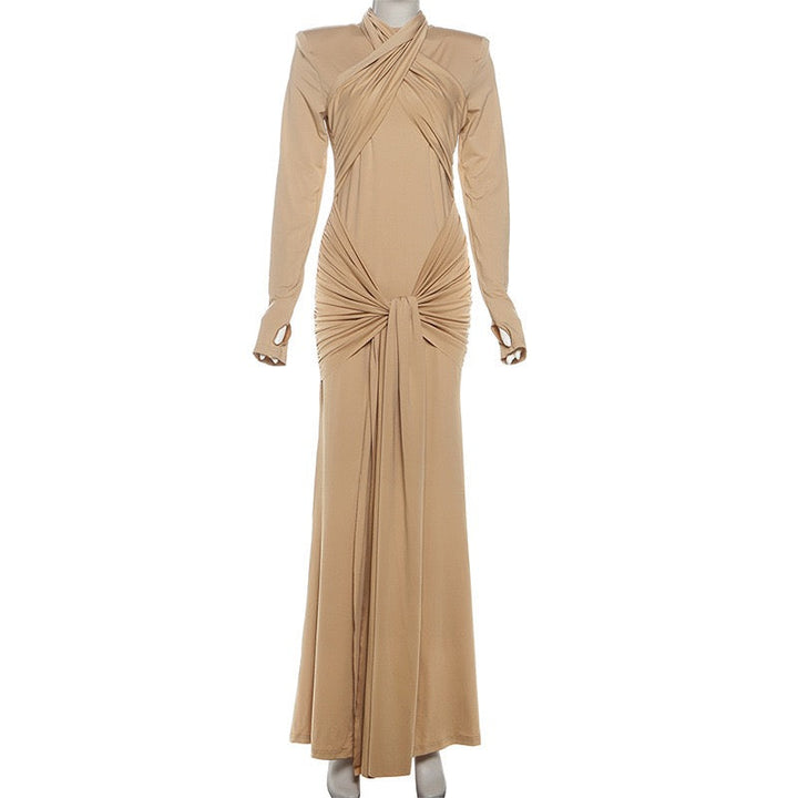 Maxi dress with ruched design and tie decoration - LILIAN