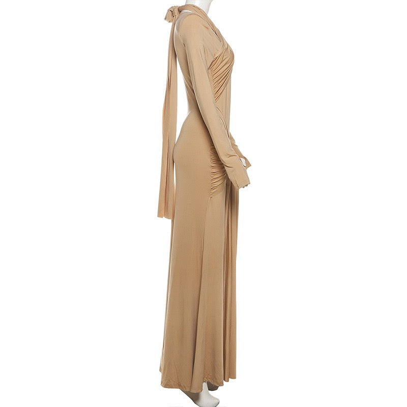 Maxi dress with ruched design and tie decoration - LILIAN