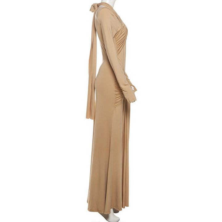 Maxi dress with ruched design and tie decoration - LILIAN