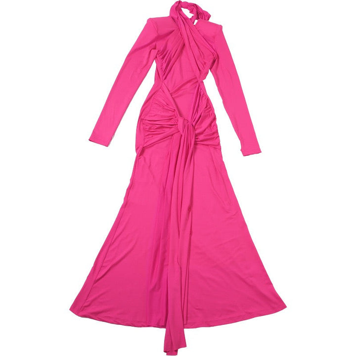 Maxi dress with ruched design and tie decoration - LILIAN