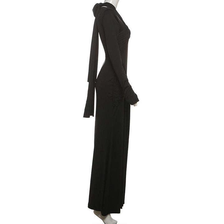 Maxi dress with ruched design and tie decoration - LILIAN