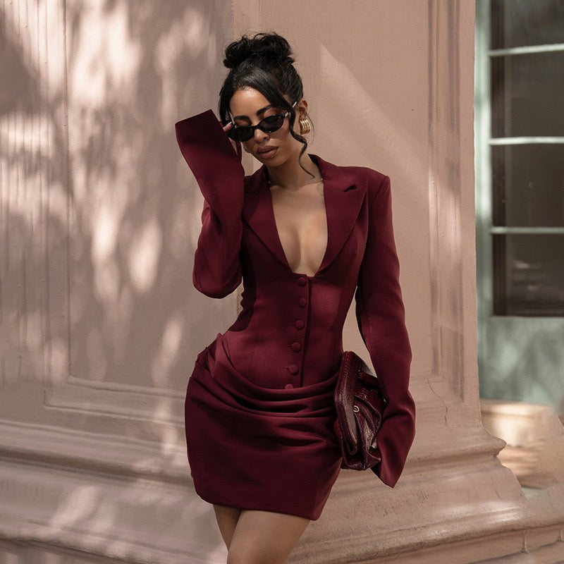 Tailored mini dress with pleats and buttons, V-neckline - Donatella