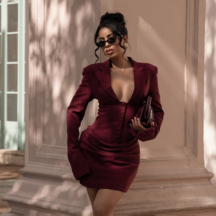 Tailored mini dress with pleats and buttons, V-neckline - Donatella