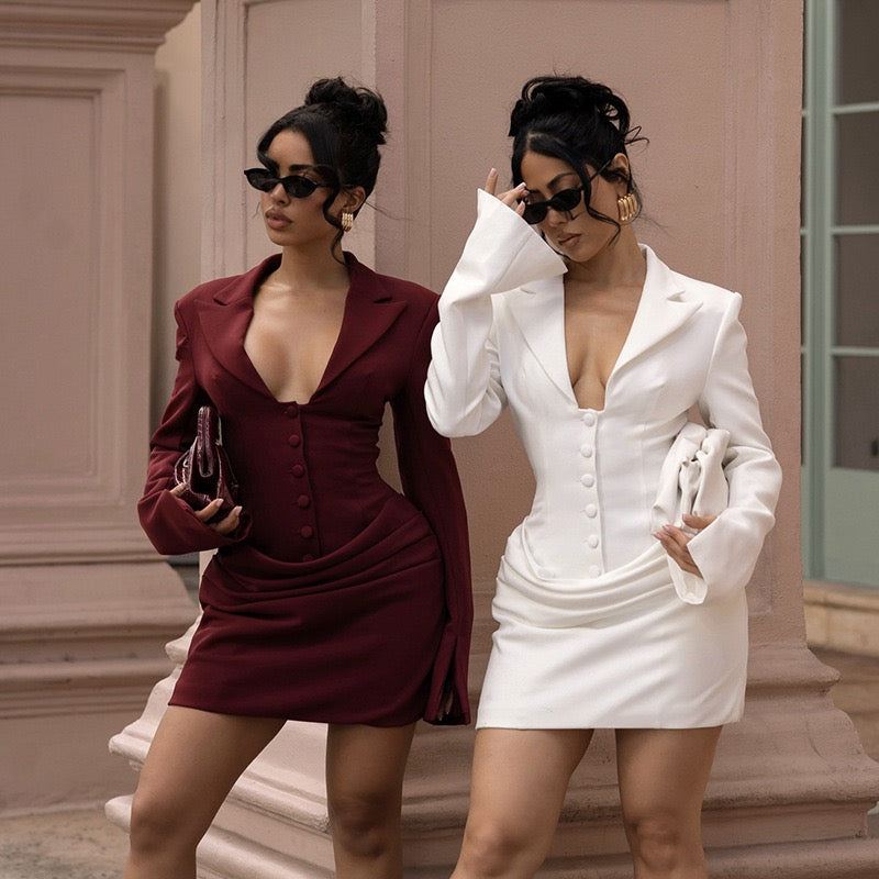 Tailored mini dress with pleats and buttons, V-neckline - Donatella