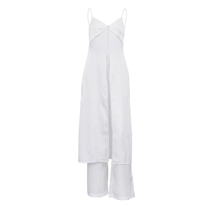 Two-piece satin suit with open long-sleeve top and long pants – Jenna