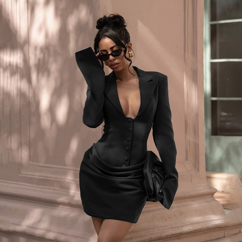 Tailored mini dress with pleats and buttons, V-neckline - Donatella