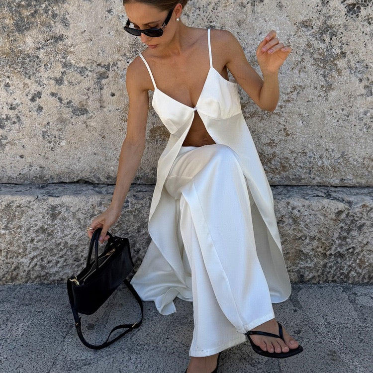 Two-piece satin suit with open long-sleeve top and long pants – Jenna