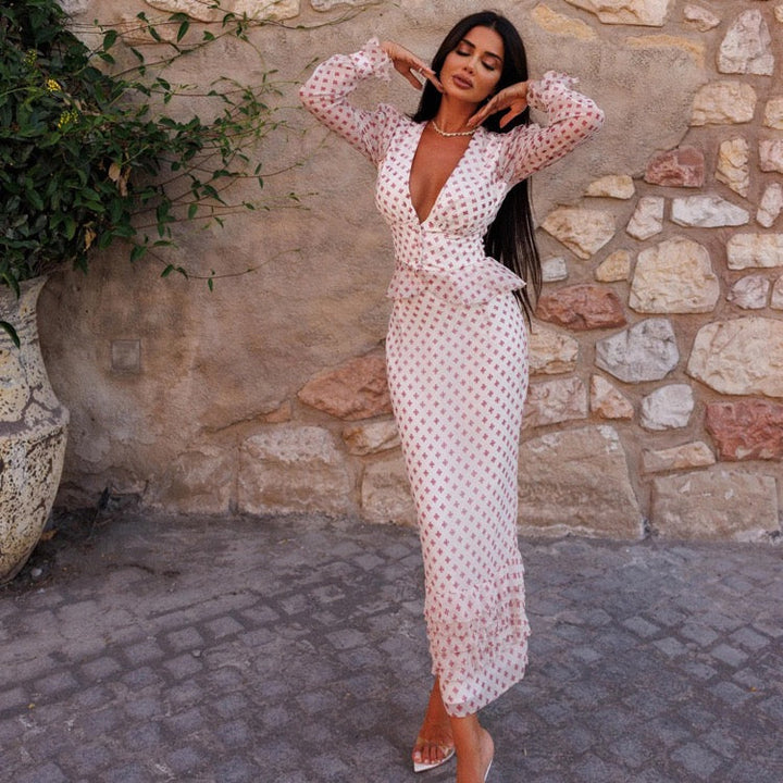 Two-piece floral chiffon set with maxi skirt and button-up top – GAL