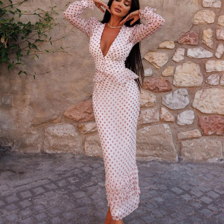 Two-piece floral chiffon set with maxi skirt and button-up top – GAL