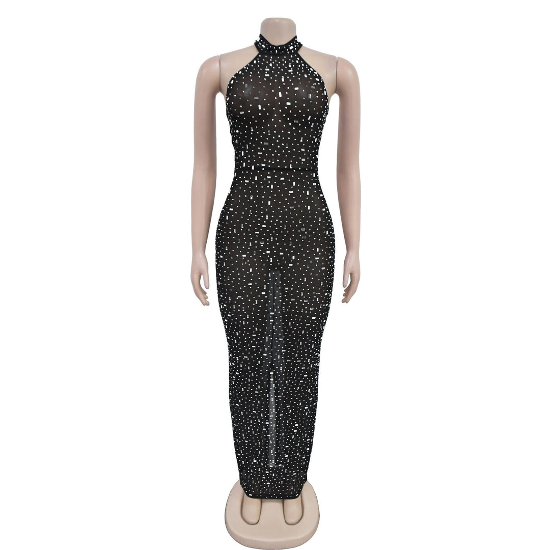 Maxi dress with collar, open back, and diamond decoration - DEISY