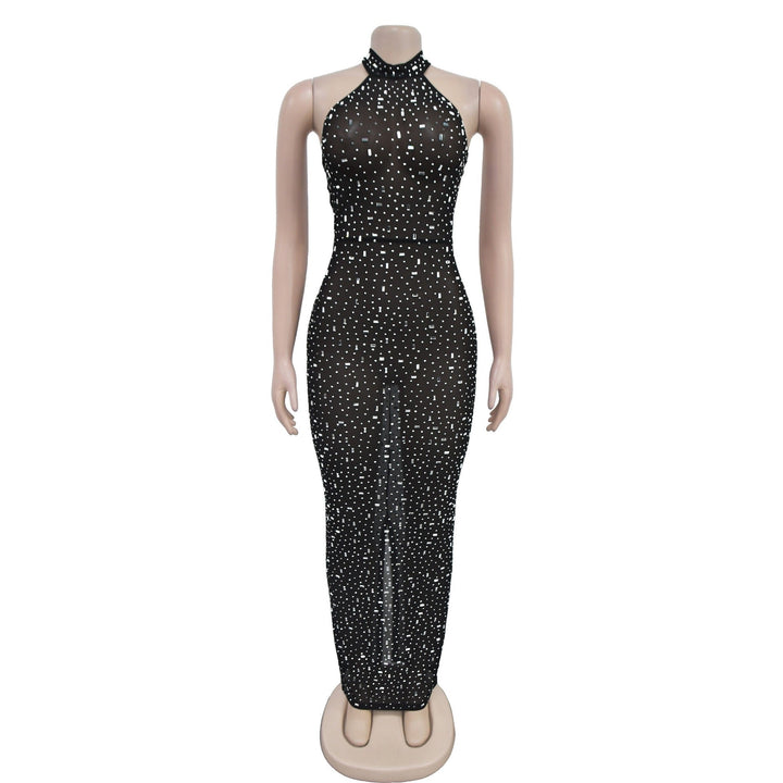 Maxi dress with collar, open back, and diamond decoration - DEISY