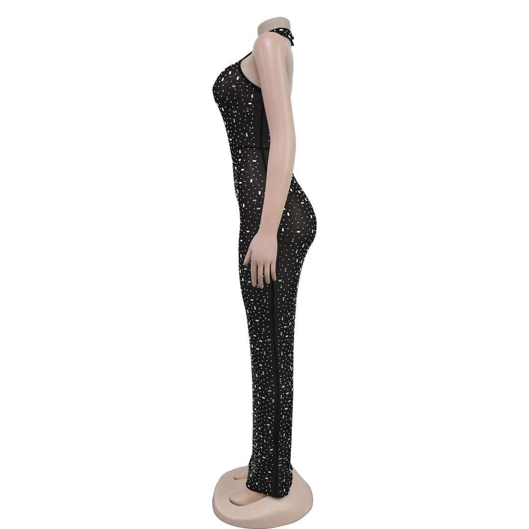 Maxi dress with collar, open back, and diamond decoration - DEISY