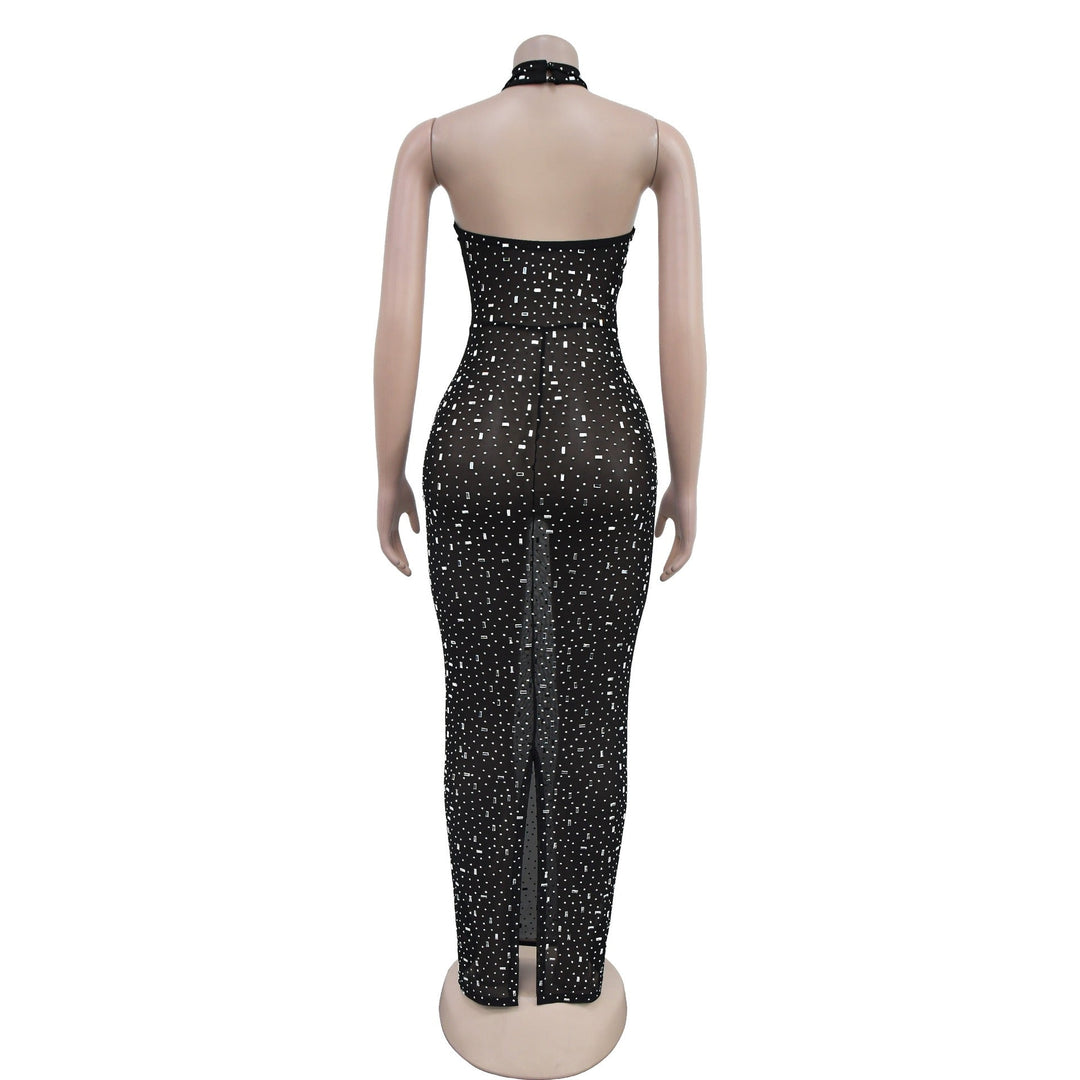 Maxi dress with collar, open back, and diamond decoration - DEISY