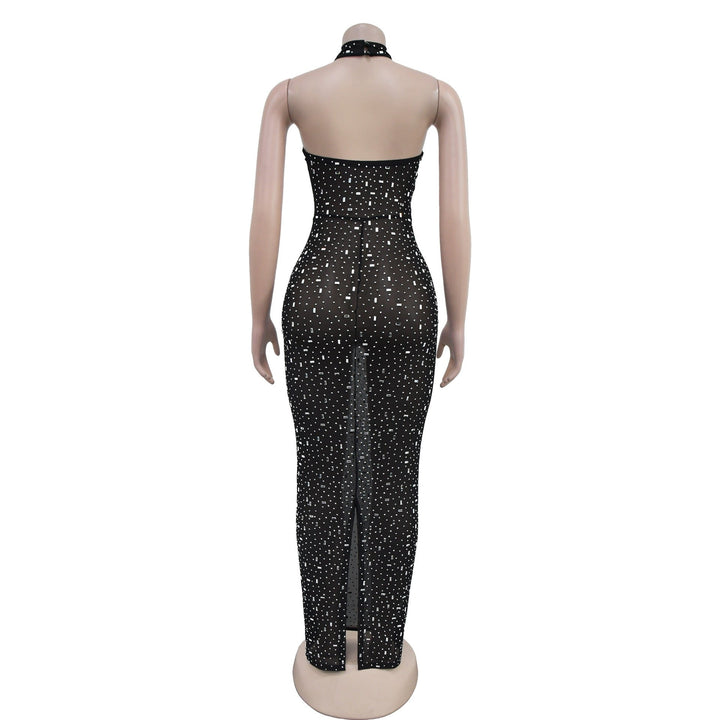 Maxi dress with collar, open back, and diamond decoration - DEISY