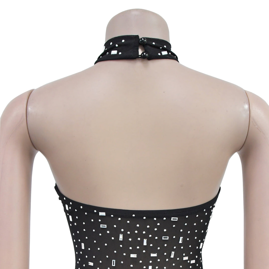 Maxi dress with collar, open back, and diamond decoration - DEISY