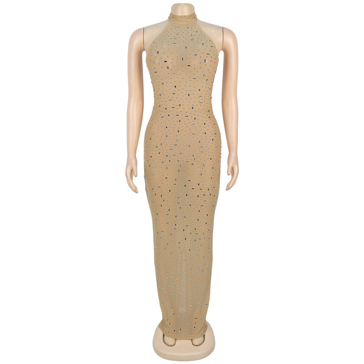 Maxi dress with collar, open back, and diamond decoration - DEISY