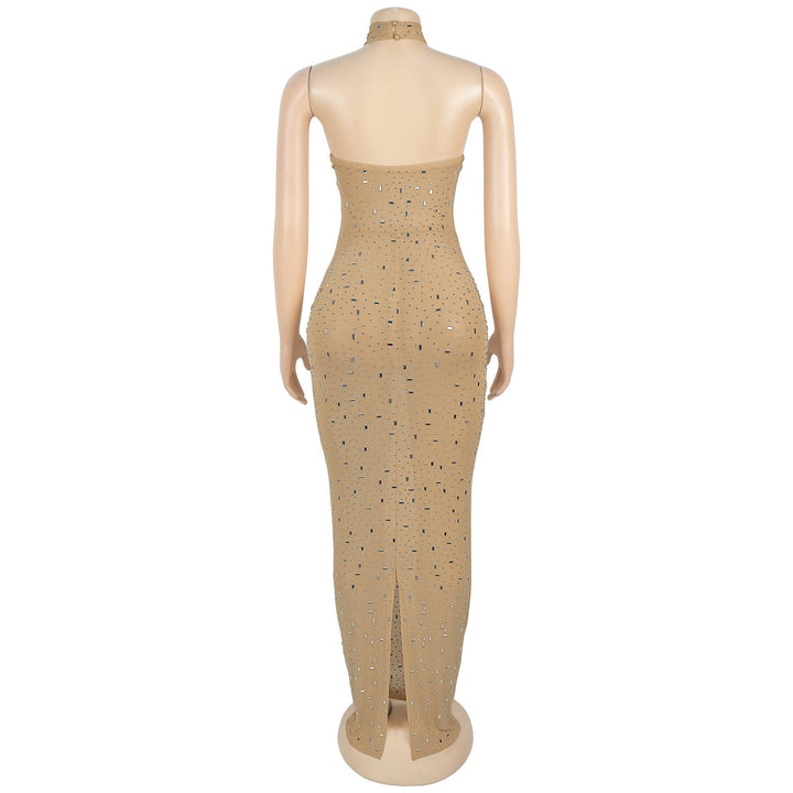 Maxi dress with collar, open back, and diamond decoration - DEISY