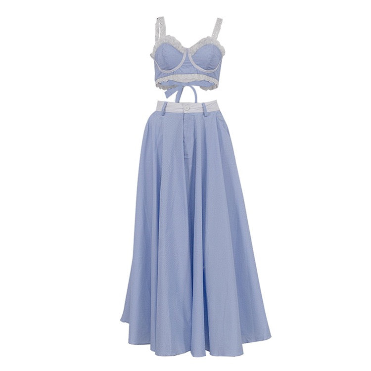 Two-piece striped set with tie top and maxi skirt – Laia