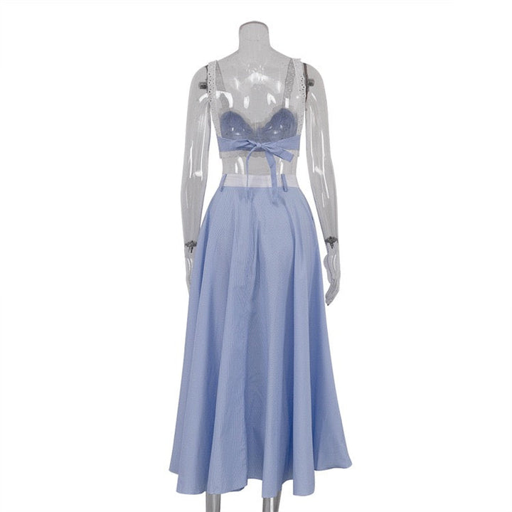 Two-piece striped set with tie top and maxi skirt – Laia