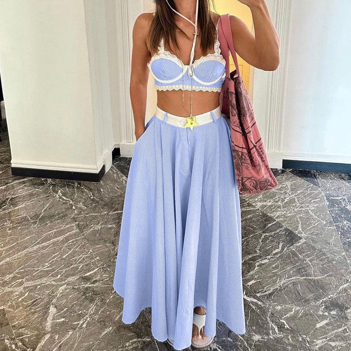 Two-piece striped set with tie top and maxi skirt – Laia