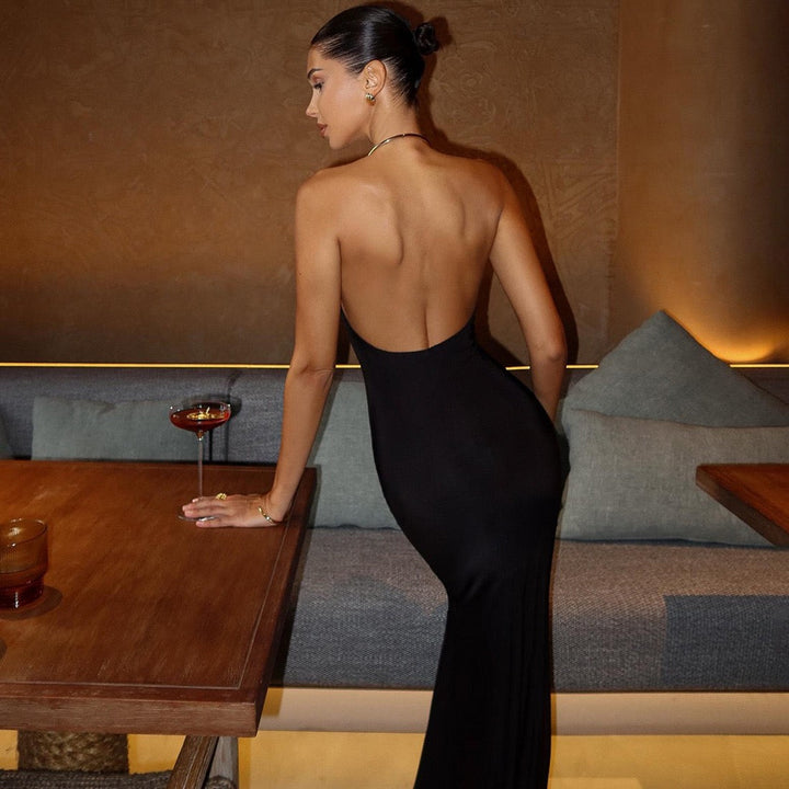 Maxi dress with open back and collar chain design - GABBY