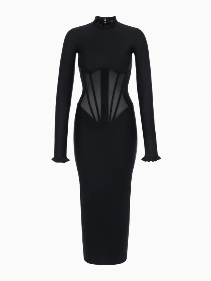 Tight maxi dress in shapewear fabric with mesh bodice design - V