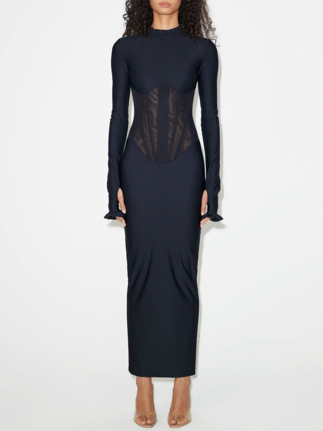 Tight maxi dress in shapewear fabric with mesh bodice design - V