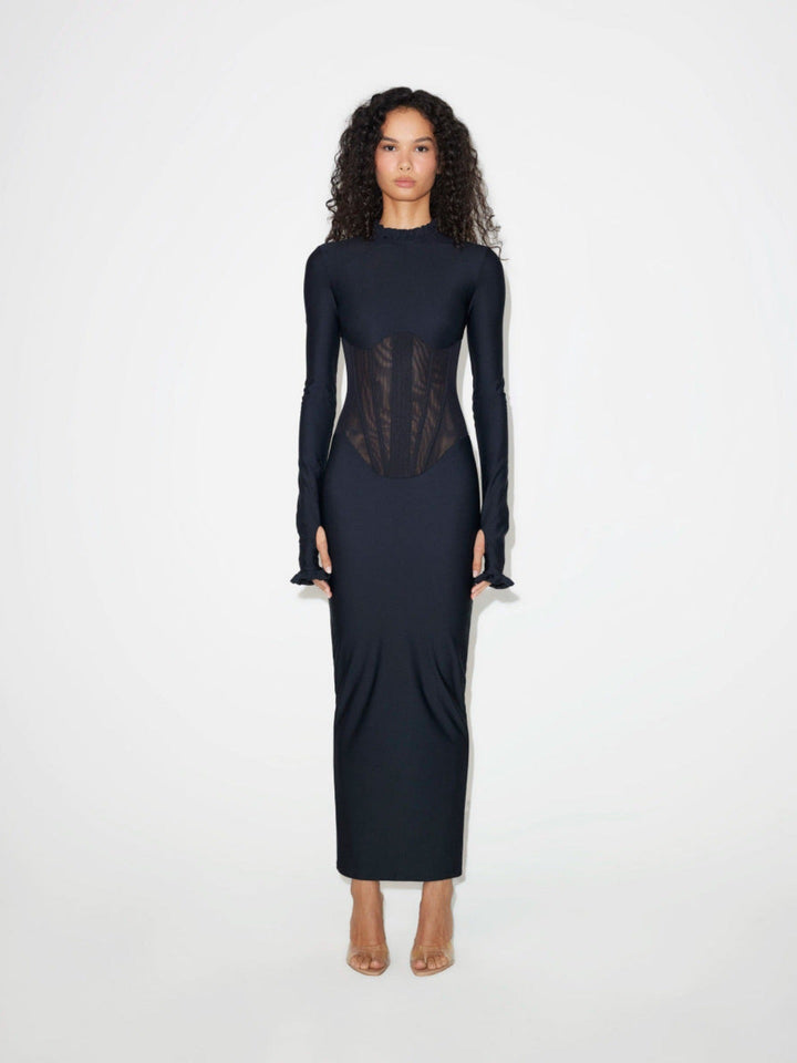 Tight maxi dress in shapewear fabric with mesh bodice design - V