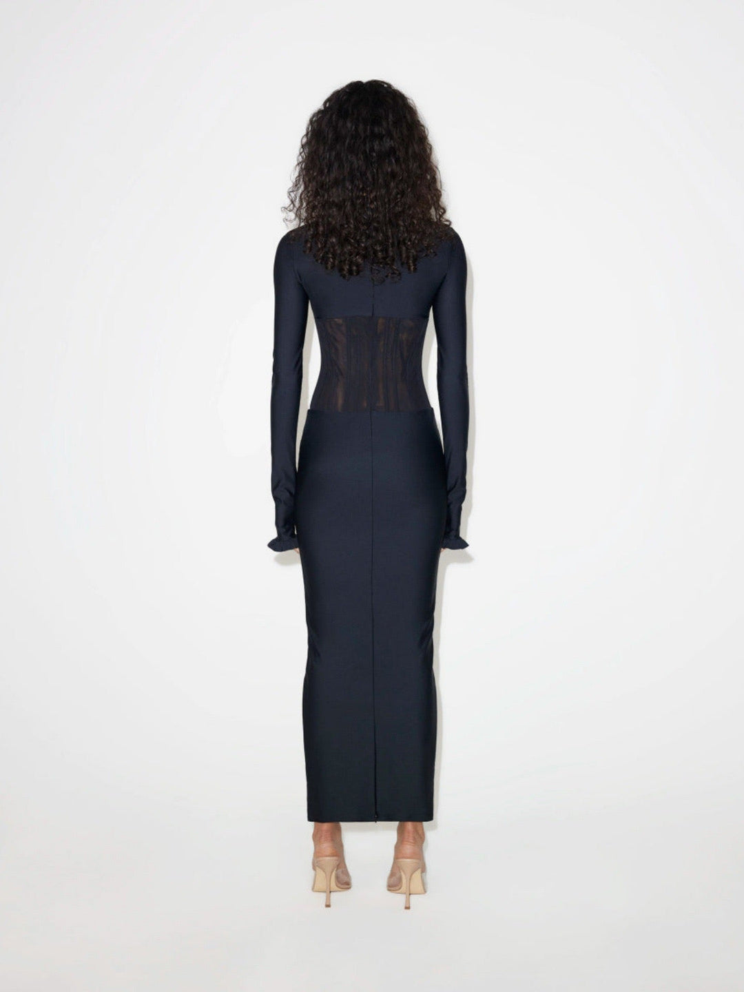 Tight maxi dress in shapewear fabric with mesh bodice design - V