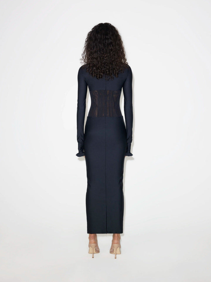Tight maxi dress in shapewear fabric with mesh bodice design - V