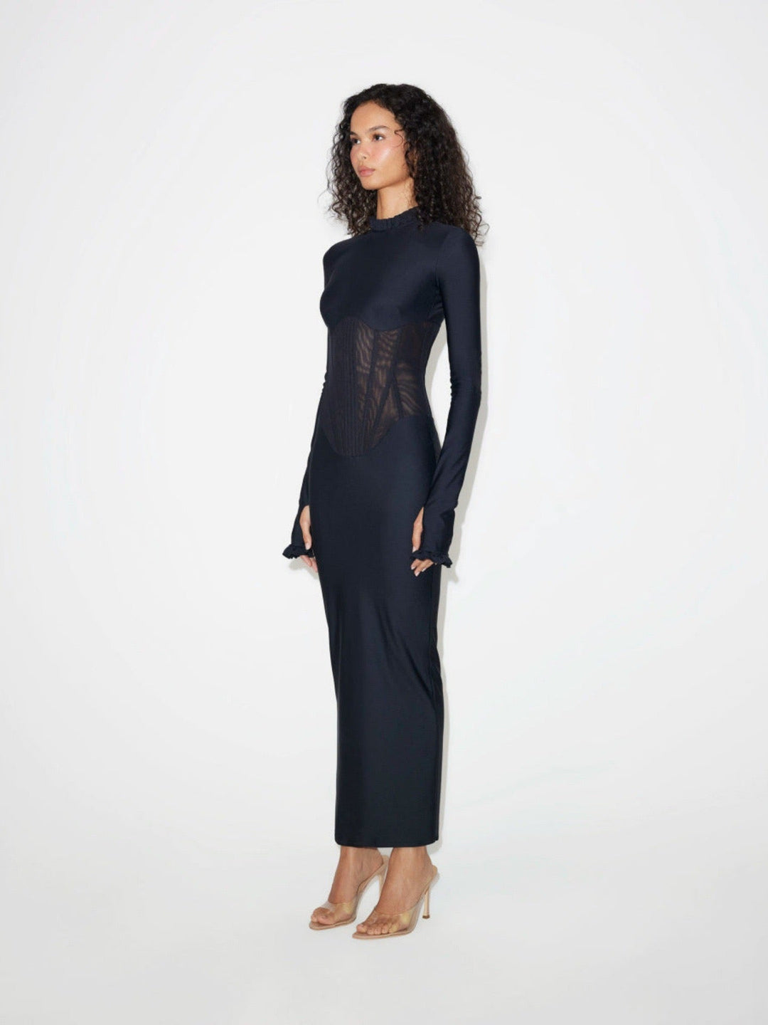 Tight maxi dress in shapewear fabric with mesh bodice design - V