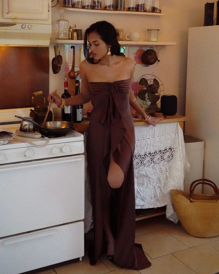 Strapless satin maxi dress with slit and ruffle design – Ophelia
